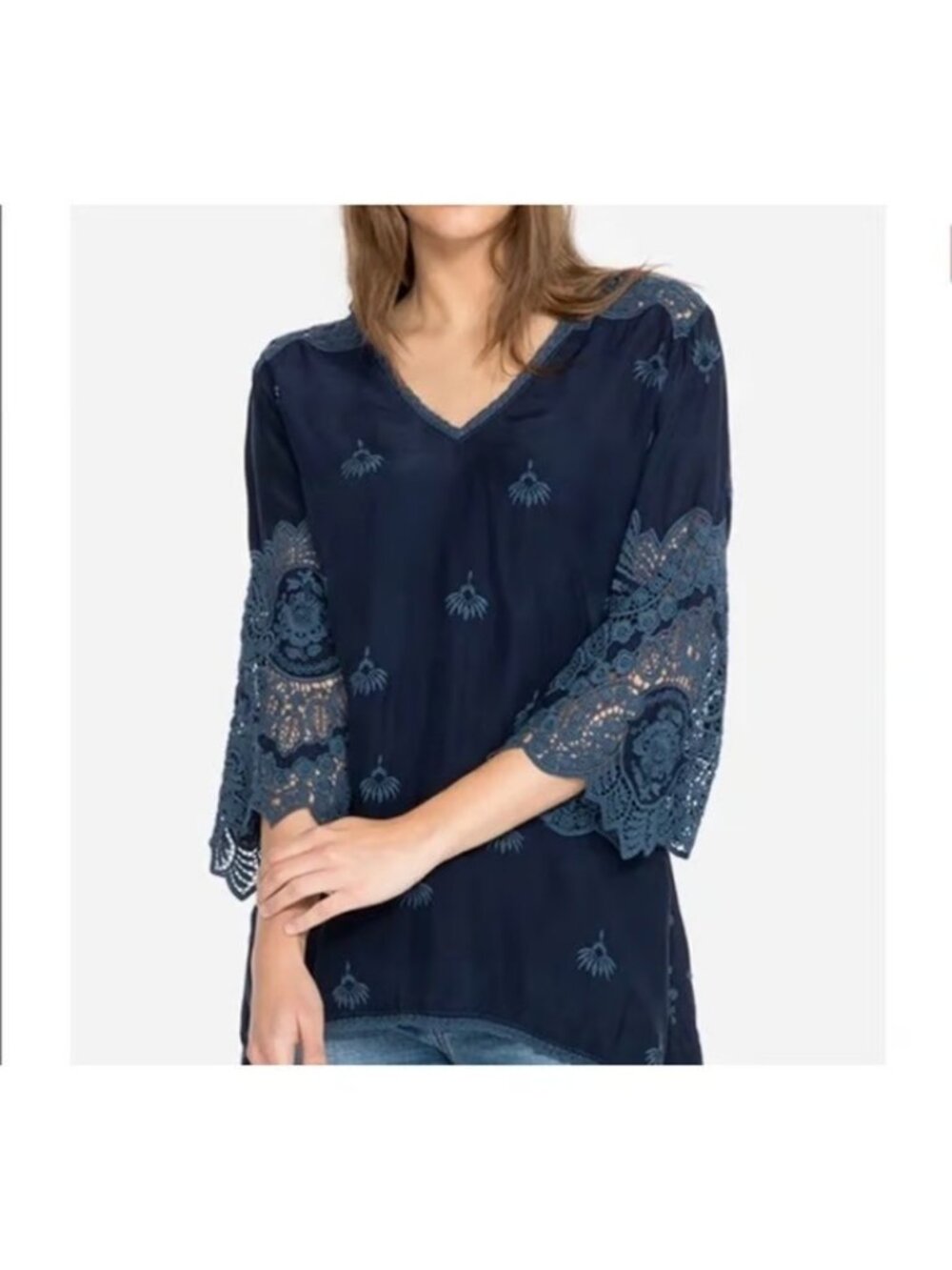Johnny Was Blue Eyelet Cupra Rayon V Neck Blouse 3/4 Length Sleeves Size Large